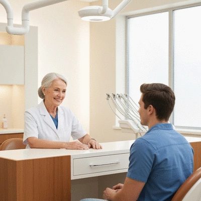 Dentist consulting with a patient about cosmetic dentistry options in a modern clinic