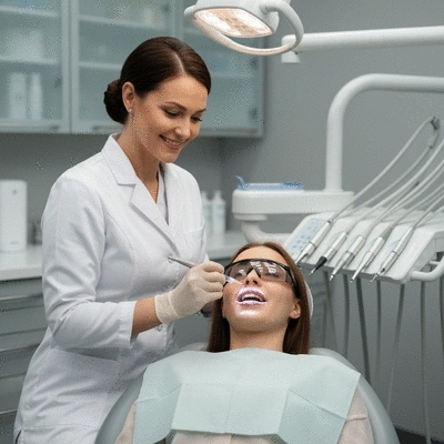 Close-up of a dentist performing a teeth whitening procedure on a patient in a modern dental office