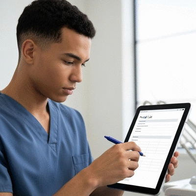 Person reviewing dental care priorities on a digital tablet, clean modern aesthetic, no text, no words, no typography