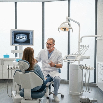 Modern dental office with advanced digital imaging equipment and a dentist explaining to a patient