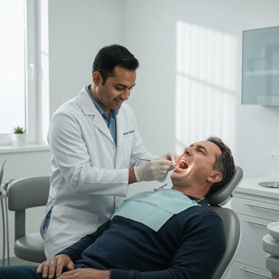 Dentist examining a patient's mouth during a preventive check-up