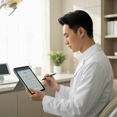 Person making an informed decision about dental care, looking at a checklist on a screen, professional setting, no text, no words, no typography