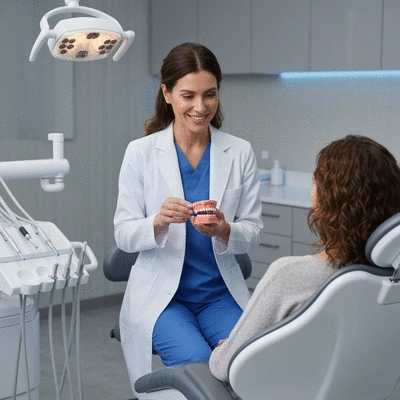 Dentist explaining preventive care to a patient in a modern dental office
