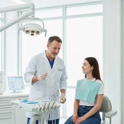 Dentist explaining oral hygiene to a patient in a modern clinic