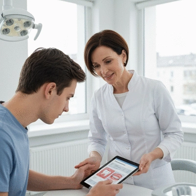Dentist and patient reviewing a personalized dental care plan on a digital tablet