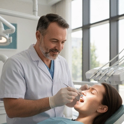 Dentist examining patient's teeth with a dental mirror, bright modern clinic, no text, no words, no typography, 8K