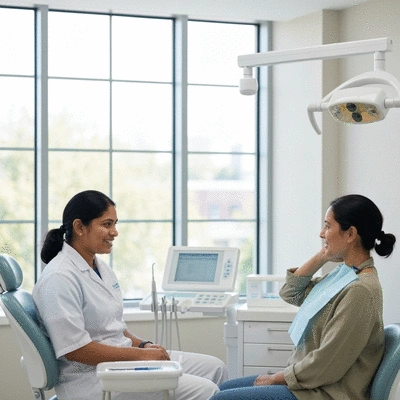 Happy patient consulting with a dentist about oral health