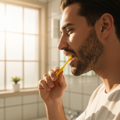 Person brushing teeth with a toothbrush, close-up, bright bathroom setting, no text, no words, no typography, 8K