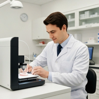 Dentist using a 3D printer for custom dental solutions in a modern lab setting