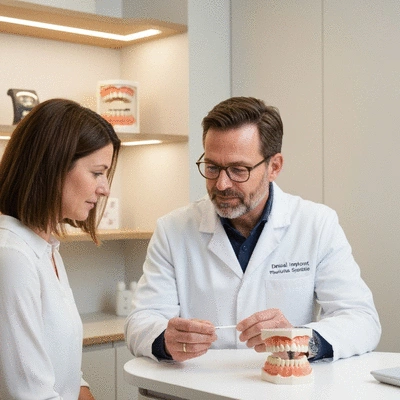 Patient consulting with a dental implant specialist, both looking at a dental model, professional setting, no text, no words, no typography, clean image